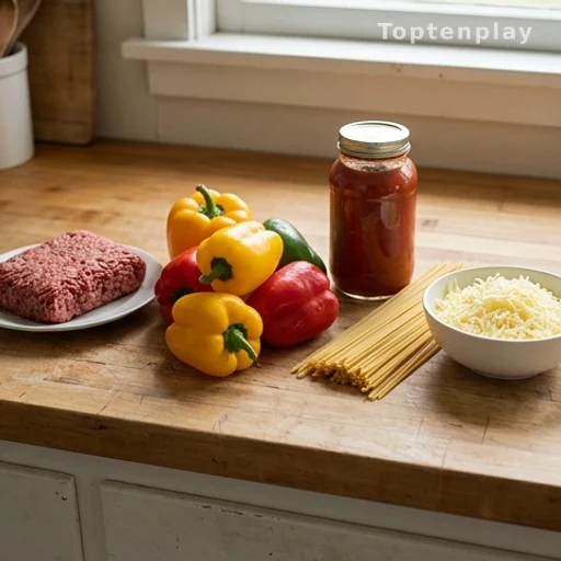 Five stuffed pepper pasta ingredients laid out on a kitchen counter