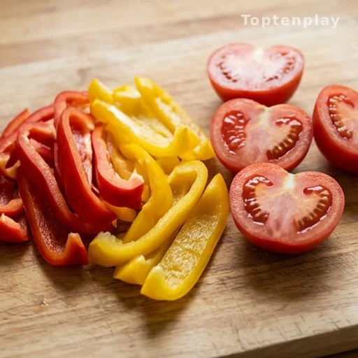 Sliced bell peppers and tomatoes rich in antioxidants and lycopene on a cutting board