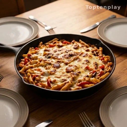 Cheesy stuffed pepper pasta in a skillet served at a family dinner table