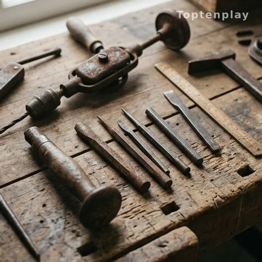 Old rusty vintage hand tools arranged on a wooden workbench