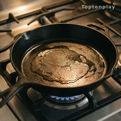 Seasoned cast iron skillet heating on a gas stovetop with shimmering oil