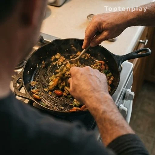 Hands stirring food in a cast iron pan on a kitchen counter