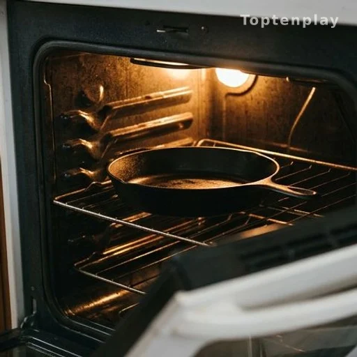Cast iron skillet inside a home oven with warm golden light