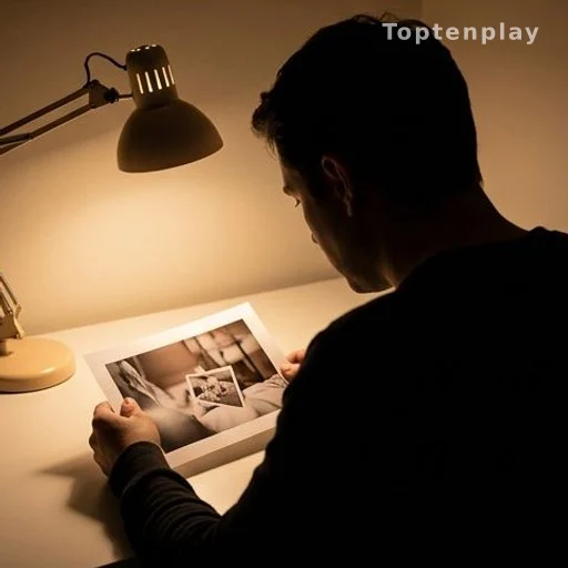 Person studying a visual puzzle carefully under a lamp, brain focus concept