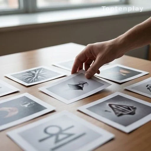 Visual puzzle cards on a table used for cognitive training and observation skills