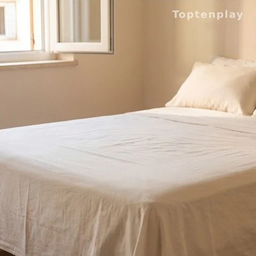 Neatly made bed with light cotton sheet in a sunlit bedroom