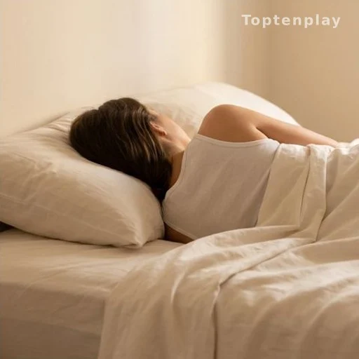 Person sleeping on their side in a neatly made bed, seen from behind