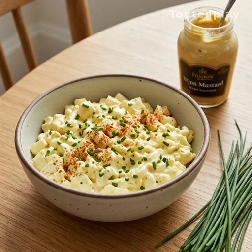 Bowl of creamy egg salad with chives and paprika, healthy lunch ingredients