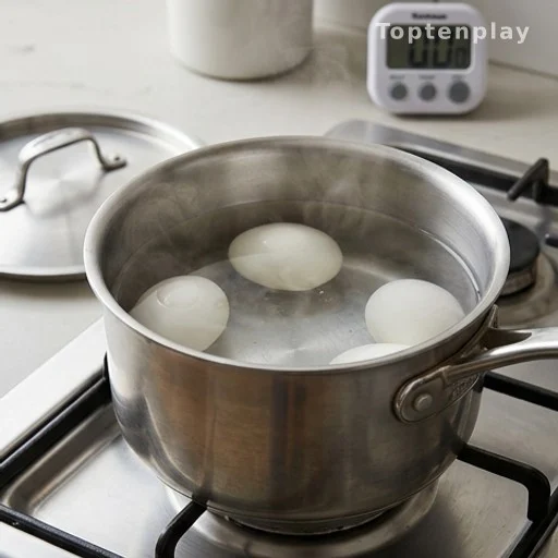 Eggs cooking in saucepan with steaming water, precise boiling technique