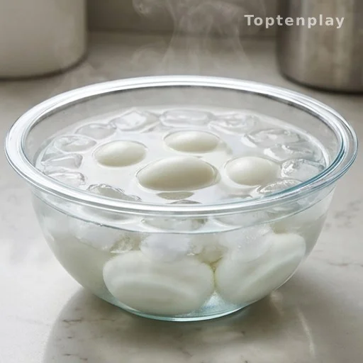 Hard-boiled eggs in ice water bath stopping the cooking process