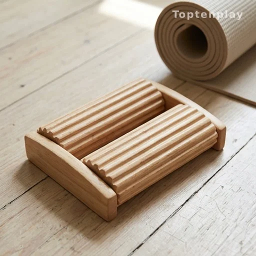 Wooden foot massage roller with ridges for plantar fascia relief