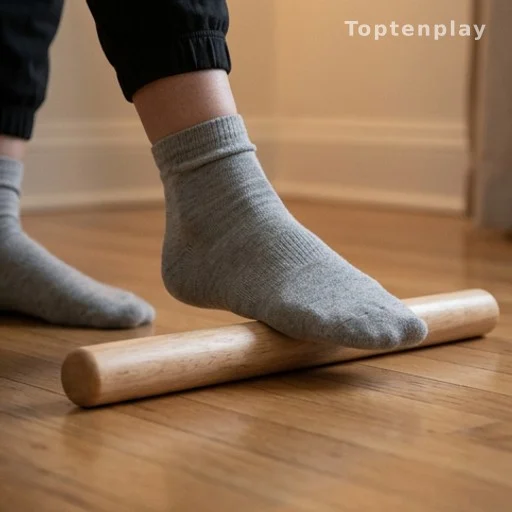 Foot rolling over massage stick for plantar fasciitis pain relief