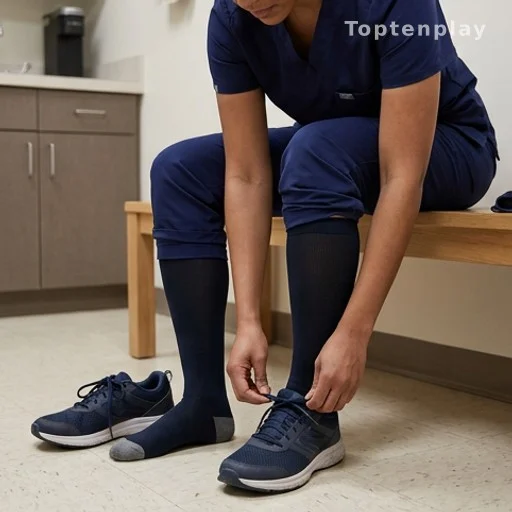 Healthcare worker resting feet after long shift, foot pain relief context