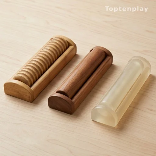 Bamboo, hardwood and resin foot massage rollers compared side by side