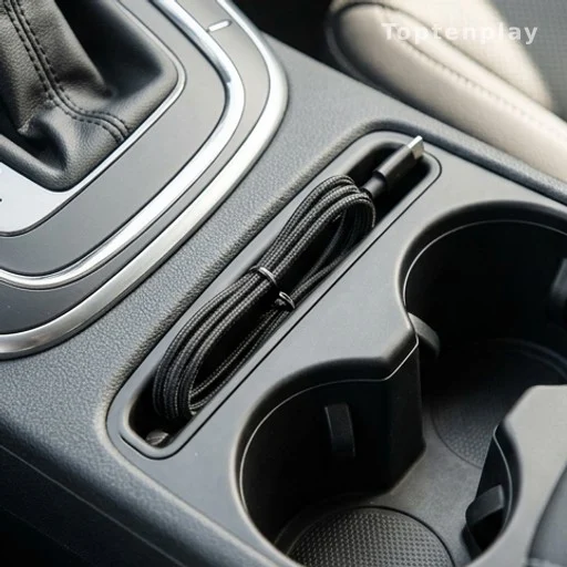Charging cable routed through a narrow slot in a car center console