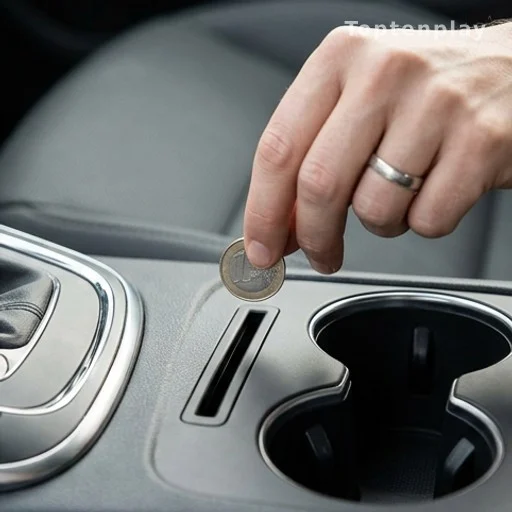 Hand inserting a coin into the side slot of a car cup holder