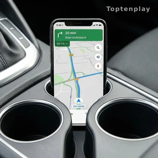 Smartphone used as GPS mount in the gap between car cup holders