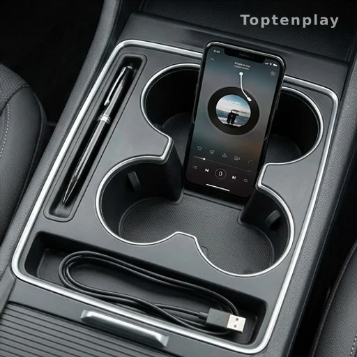 Car console showing coin slot, cable channel, and phone perch in use