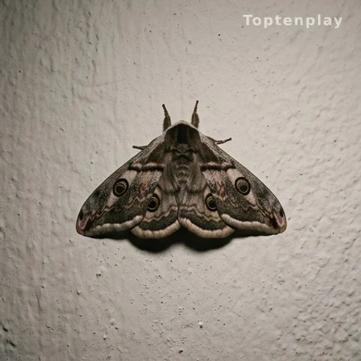 Large moth with eye-like markings resting motionless on a wall at night
