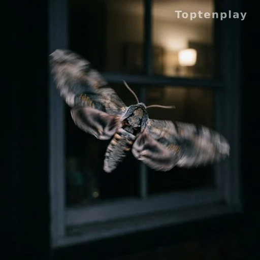 Large moth in silent flight near a window at night, motion blur