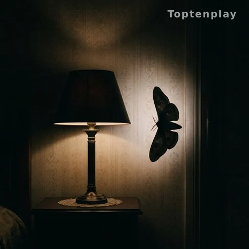 Dark room at night with moth silhouette visible near a lamp on the wall