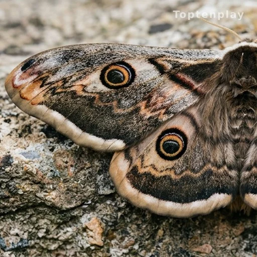 Detailed eye-like markings on a large moth wing in natural daylight