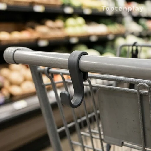 Close-up of a shopping cart purse hook on the front handle edge