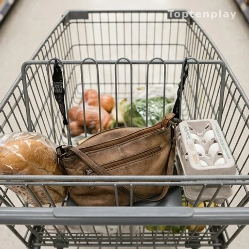 Purse placed in shopping cart child seat taking up grocery space