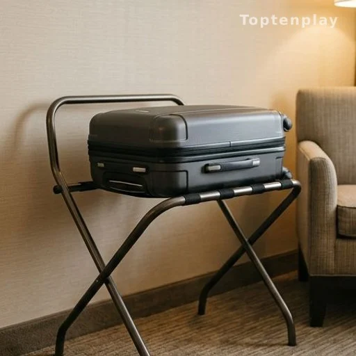 Folding metal hotel luggage rack with a suitcase, common bedbug hiding spot