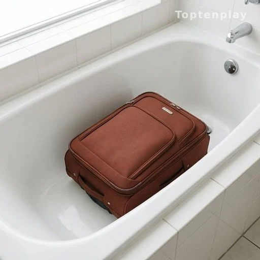 Suitcase placed inside a clean white hotel bathtub as a bedbug prevention measure