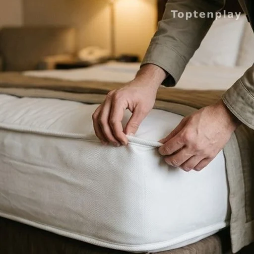 Hands inspecting hotel mattress seam for bedbugs during room check