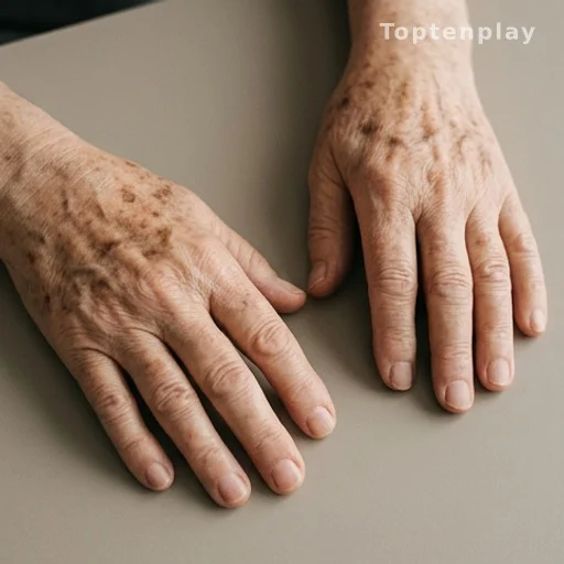 Close-up of hands showing brown age spots on sun-exposed skin