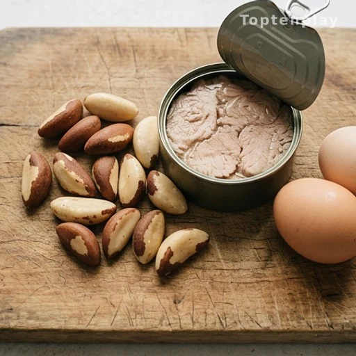 Selenium-rich foods including Brazil nuts, tuna, and eggs on a wooden surface