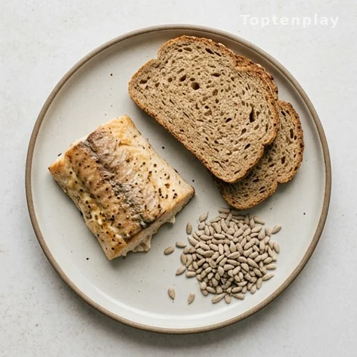 Balanced meal with selenium-rich fish, whole grains, and seeds for skin health