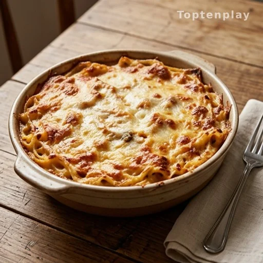 Golden chicken tetrazzini casserole in a ceramic baking dish on a wooden table