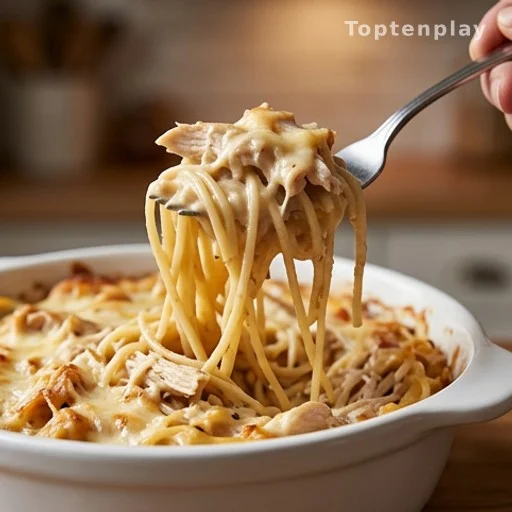 Creamy pasta sauce coating spaghetti strands lifted from a budget-friendly casserole dish
