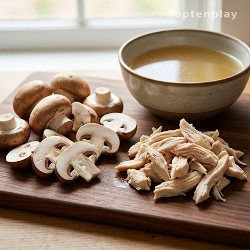 Sliced mushrooms and shredded chicken beside low-sodium broth for a healthy casserole recipe