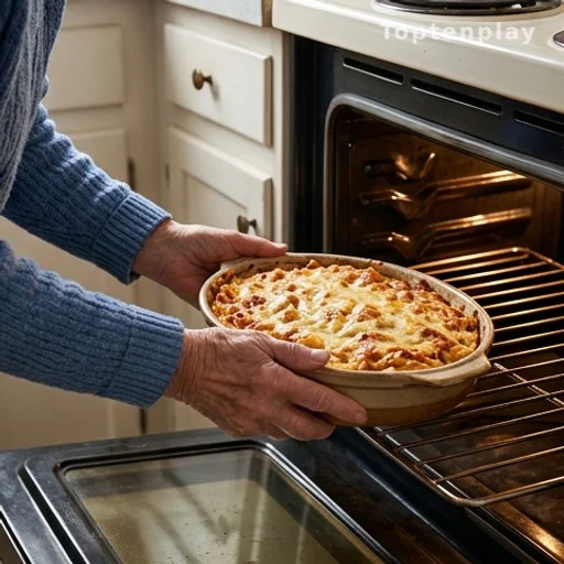 Home cook placing a chicken casserole dish into the oven for an easy weeknight dinner