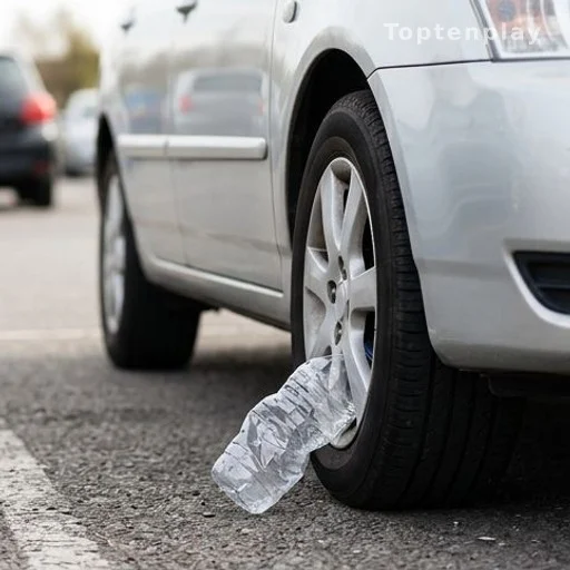 Empty plastic bottle placed against a car tire in a parking lot, vehicle security threat