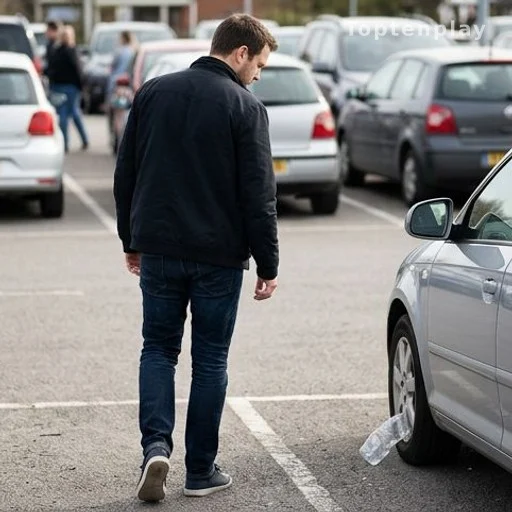 Driver checking car tires in a parking lot as a personal safety precaution against car theft