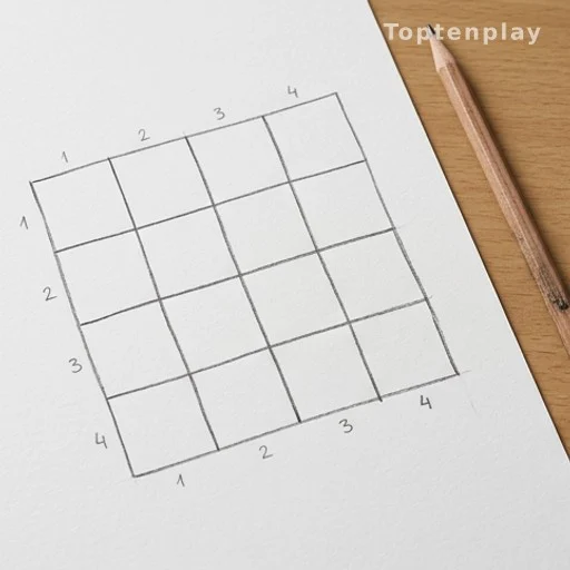 Hand-drawn 4x4 grid on paper with pencil, math puzzle illustration