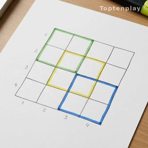 4x4 grid with squares of different sizes highlighted in color for counting