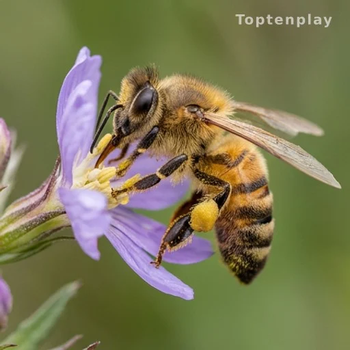 Honeybee collecting pollen from a wildflower in a garden