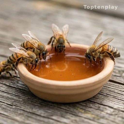 Multiple bees feeding from a shared dish, illustrating disease transmission risk