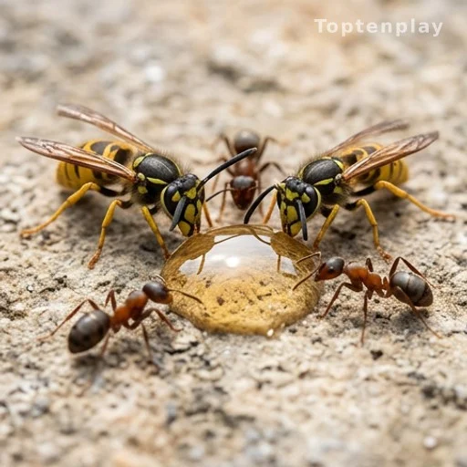 Wasp and ant attracted to sugar water outdoors, competing with bees