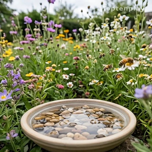Bee-friendly garden with native flowers and shallow water dish for pollinators