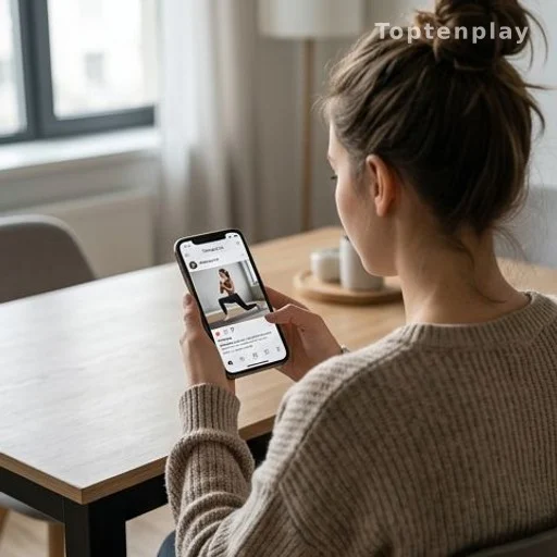 Young woman scrolling social media fitness content on smartphone
