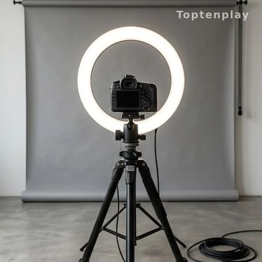 Photography studio setup with ring light illustrating image editing context