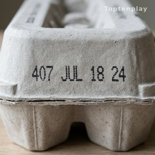 Close-up of egg carton side panel showing Julian date freshness code