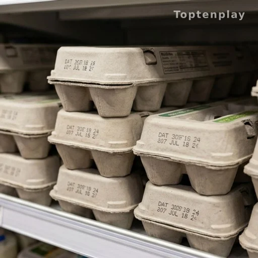 Egg cartons on supermarket shelf displaying expiration and sell-by date labels